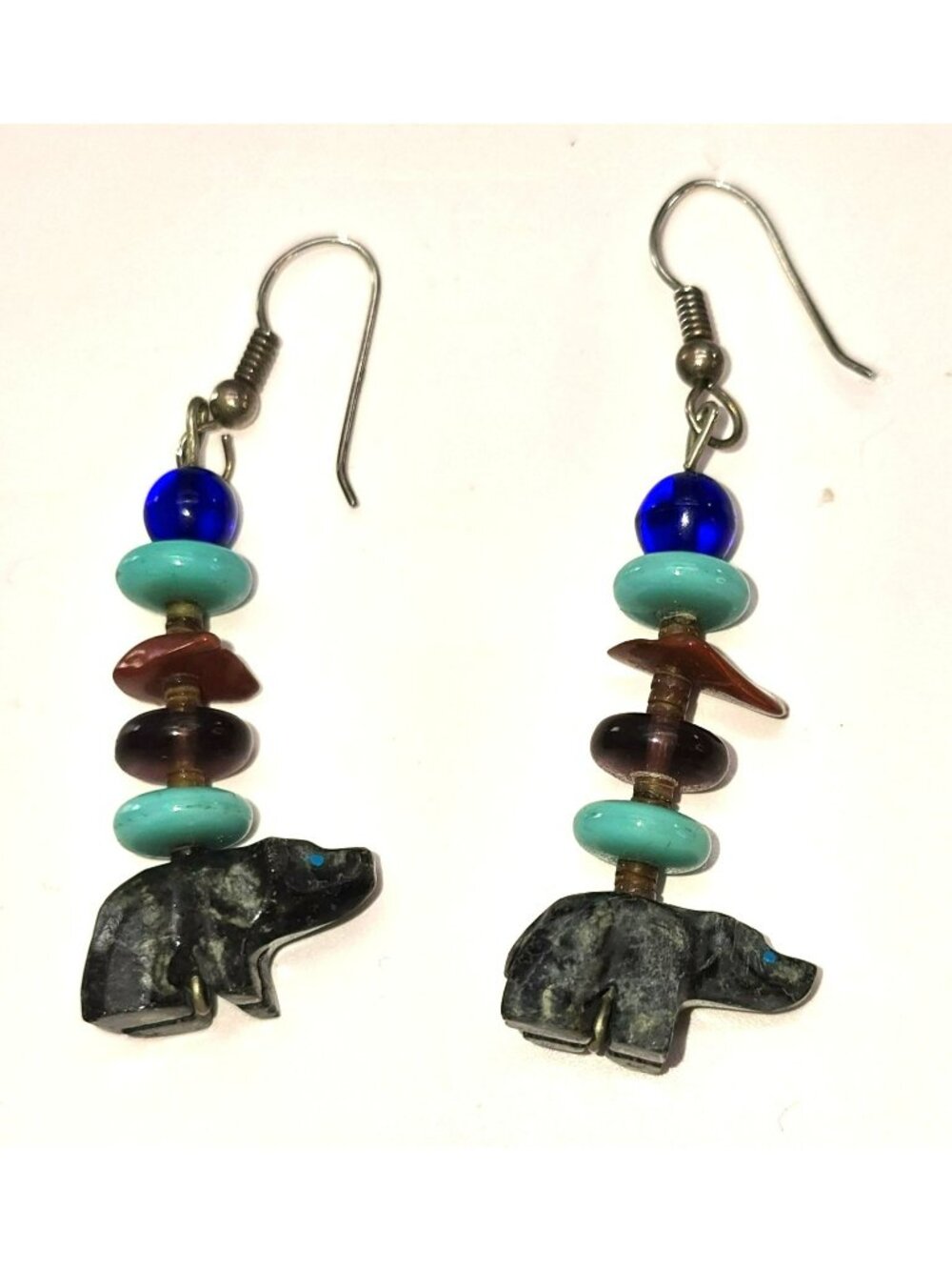 Handcrafted Vintage Bear Earrings With Turquoise Beads Agate Stones CM2397